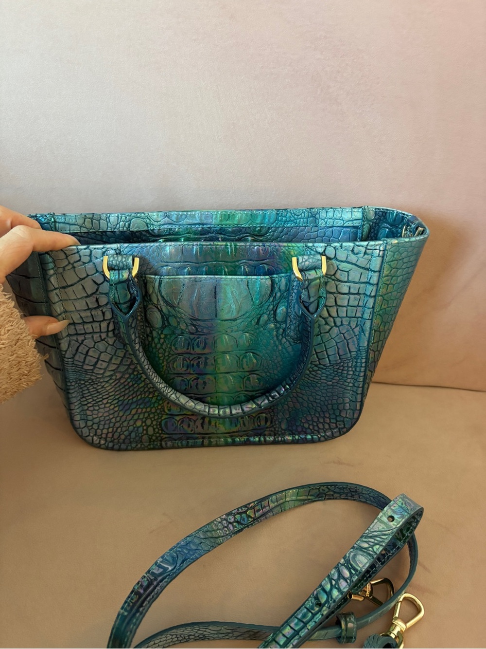 Brahmin Iridescent Teal Croc-Embossed Shoulder Bag - Picture 2 of 4